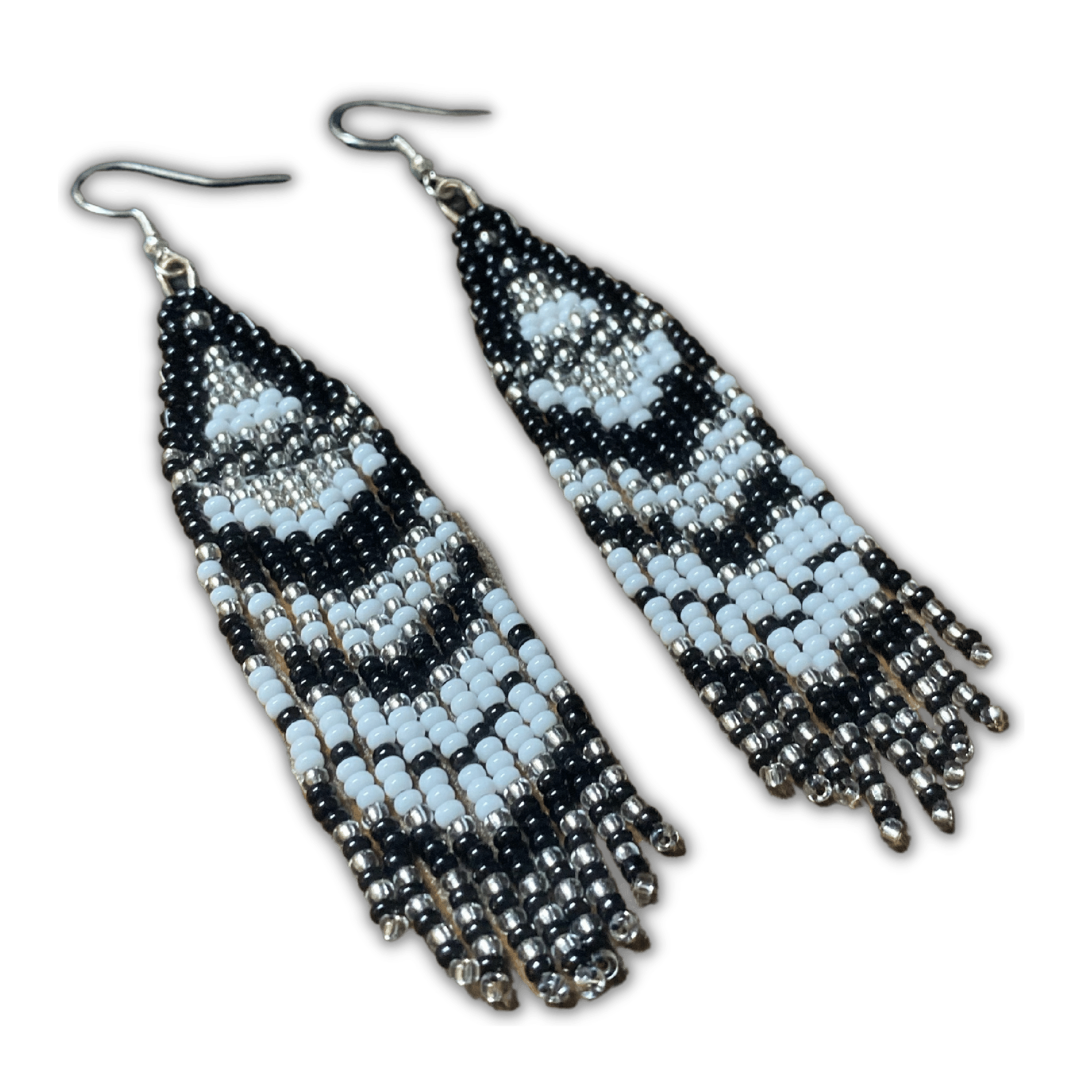 Black and White Beaded Fringe Earrings