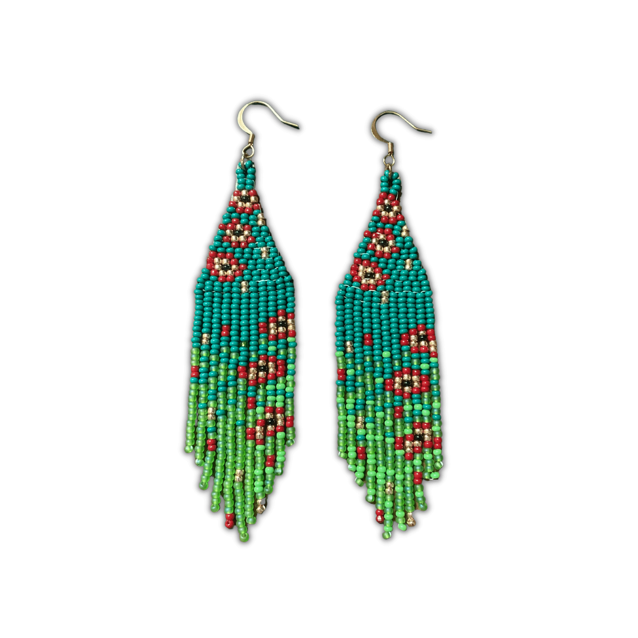 Green Gradient Beaded Fringe Earrings with Red Flower Accents