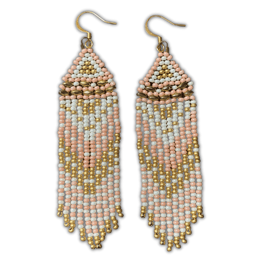White, Pink and Gold Beaded Fringe Earrings