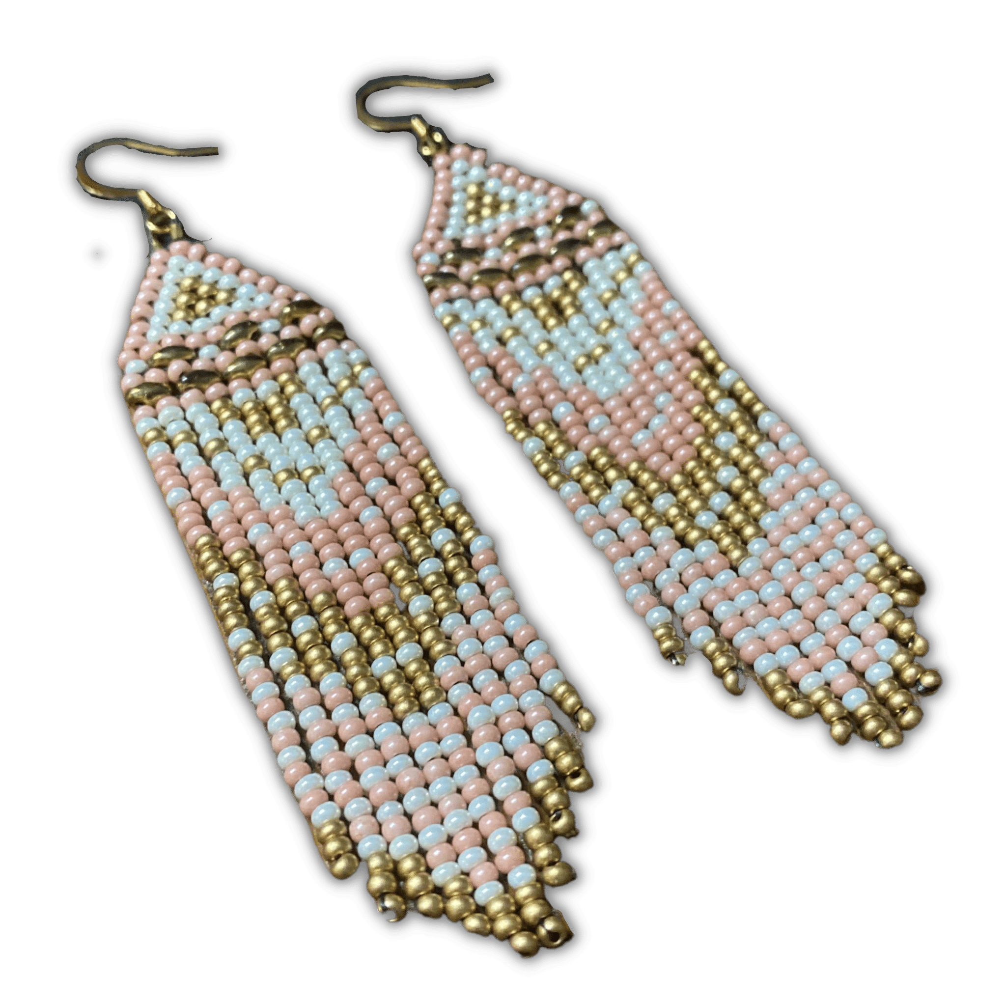 White, Pink and Gold Beaded Fringe Earrings