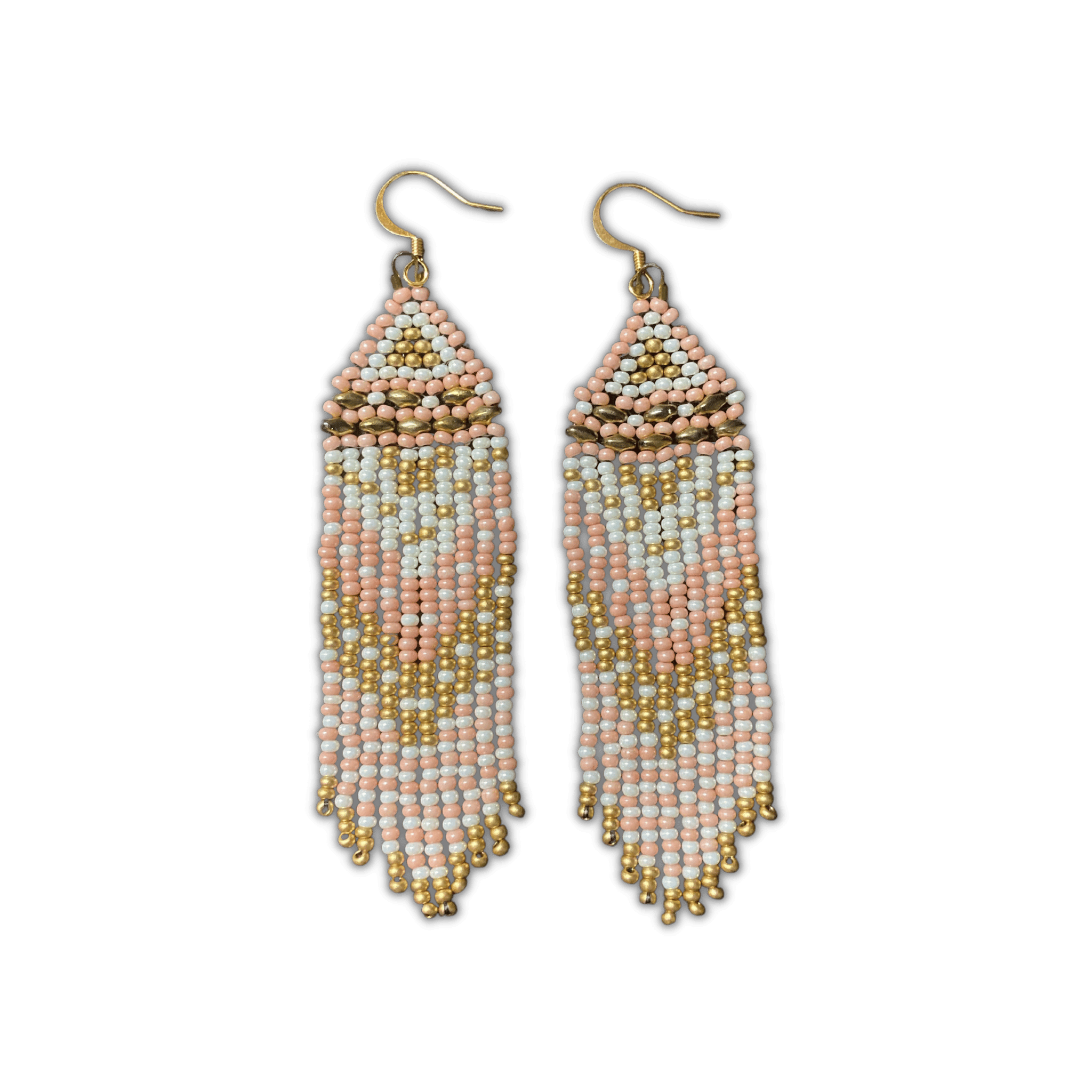 White, Pink and Gold Beaded Fringe Earrings