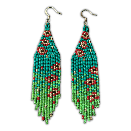 Green Gradient Beaded Fringe Earrings with Red Flower Accents
