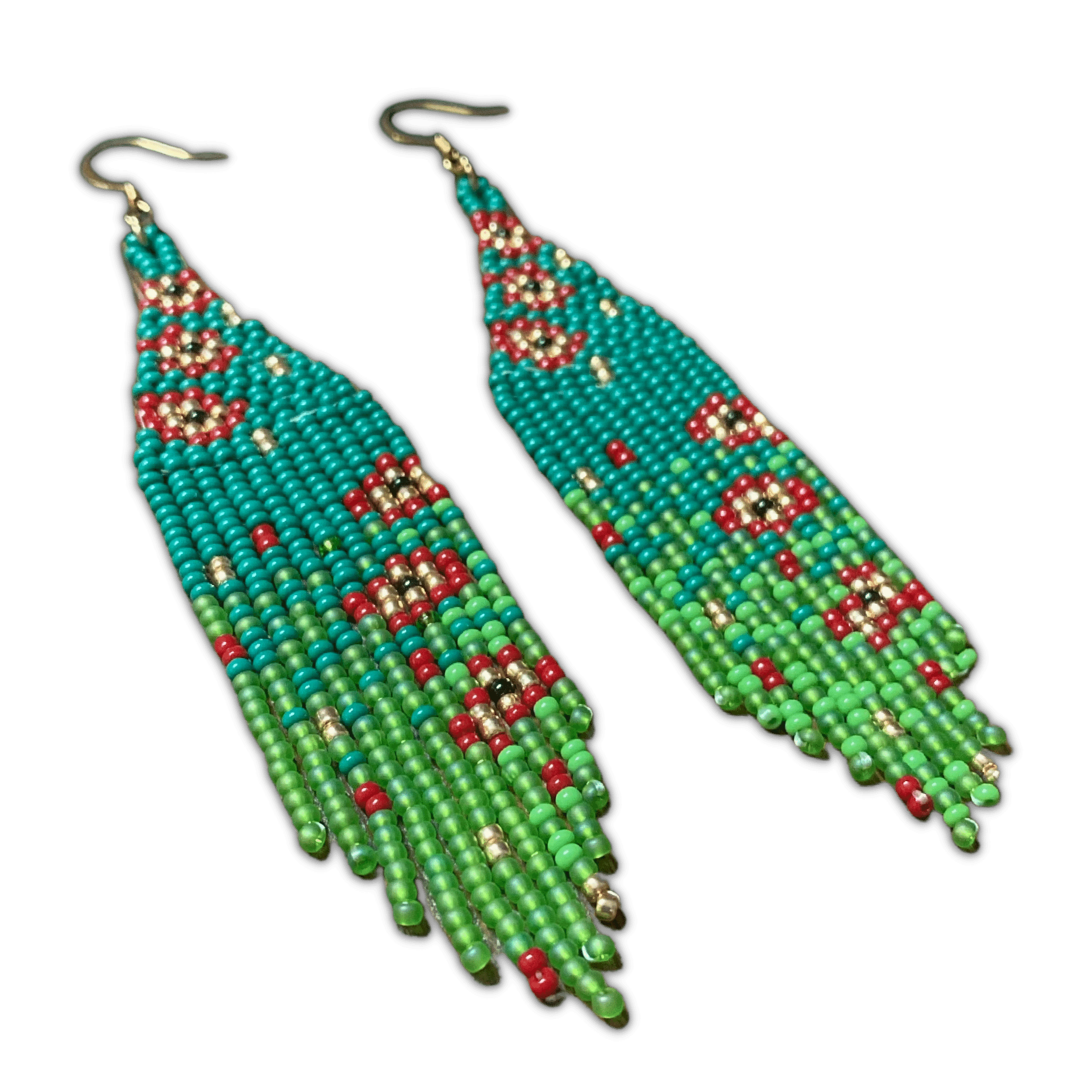 Green Gradient Beaded Fringe Earrings with Red Flower Accents